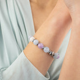 Close-up of Aquamarine, Amethyst & Belomorite women's bracelet highlighting natural stone details.